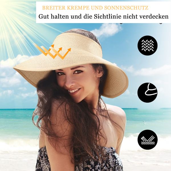 Hopfällbar solskärm keps halmhatt dam solhatt med rosett för sommarhatt