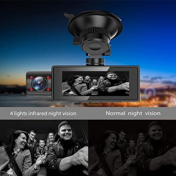 Dashkamera, 3-kanals dashcam GPS-bilrecorder fram inomhus 1080P bak 480P loopinspelning nattvision parkeringsläge
