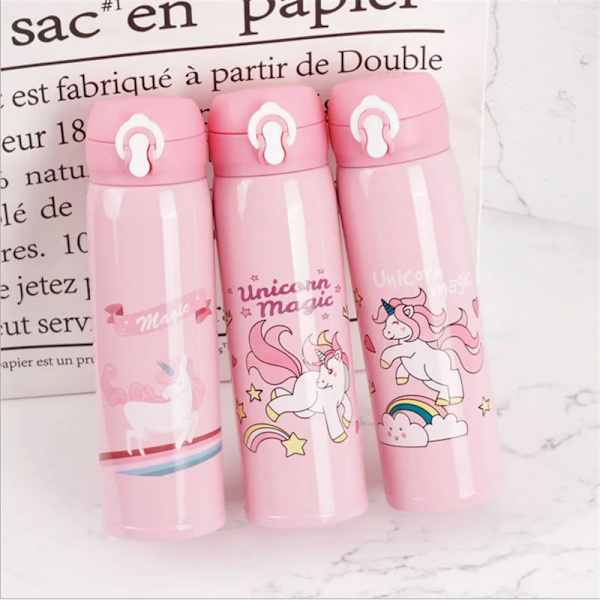 Vattenflaskor 500 ml Kapacitet Dricka Vatten Cartoon Unicorn Rostfritt Stål Vakuum Kolvar Vattenflaska Barn Present