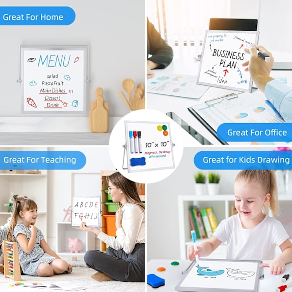 Liten stationär whiteboard, 10\"X10\" dubbelsidig magnetisk whiteboard med stativ, 3 markörer, 3 magneter och suddgummi - Bärbar minitavla för bordsskiva