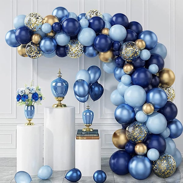 Ballongbåge för födelsedag, 133-pack ballongbåge, blå och guld konfettiballonger, ballongbåge, lämplig för födelsedagsdekoration, bröllop