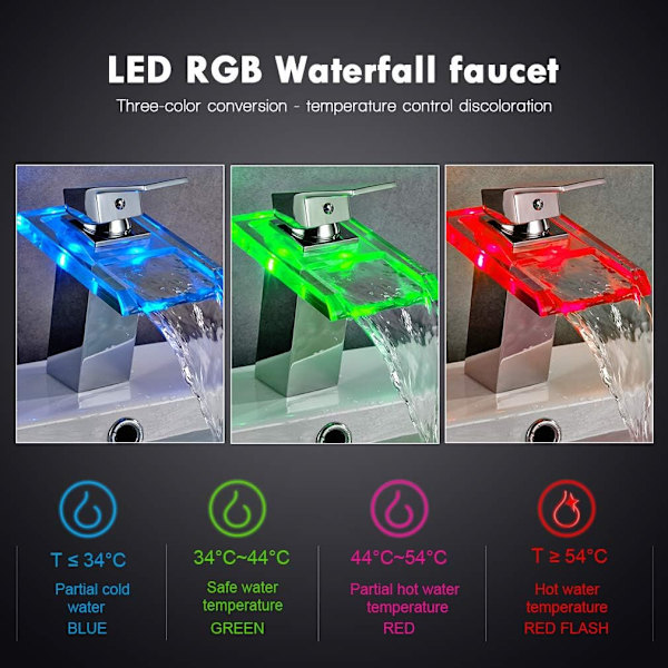 Bassängkran med RGB LED Vattenfall Badrumsblandare Kran med 3 Färgförändringar Vattenfall Kran Krom Mässing Glas för Badrum
