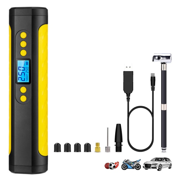 Bärbar luftkompressor Mini-uppblåsare Elektrisk pump, Nödlägesdäckuppblåsare med LCD-display LED-ljus, mobil ström, 2000mAh Laddningsbar Li-ion