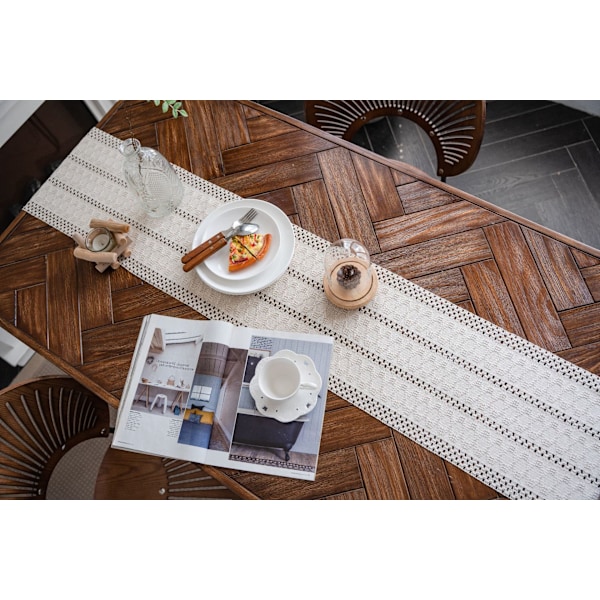 Macrame bordslöpare Boho bomull linne bordslöpare med tofsar, rektangulär virkad spetsnät duk