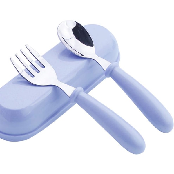 Gafflar och skedar, bestickset i rostfritt stål för barn, bestickset för barn att lära sig gaffel och sked (blå)