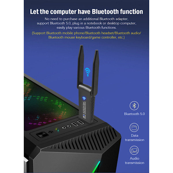 WLAN-adapter USB 3.0 Stick 1800 Mbps WiFi Dubbelband 5 GHz Antenn PC Bluetooth DE
