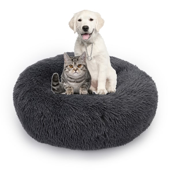 Kattsängar för innekatter,Små Melium Stora Hundar, Tvättbar-rund husdjurssäng för valp och kattunge-Mörkgrå50CM
