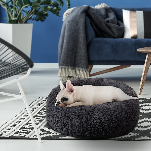 Donut Cuddler, Ångestdämpande Mjuk Rund Bädd Med Fluffig Fuskpäls För Innekatter Och Små Hundar, Maskintvättbar Djurbädd I Mörkgrått (50Cm)