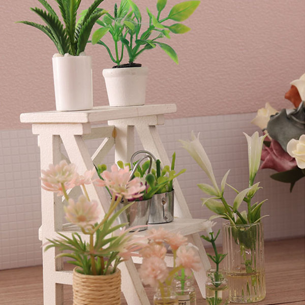 Dockhus Mini Blomsterställ Simulation DIY Handgjord 1:12 Skala Miniatyr Blomhylla för Dockhus Tillbehör Vit