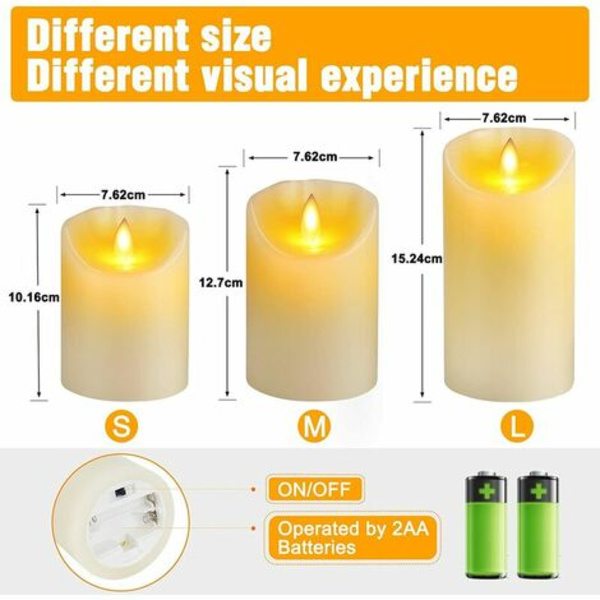 Flimrande LED-ljus, set om 3 (10 cm, 12,7 cm, 15 cm), vita LED-ljus med 10-tangenters fjärrkontroll, timerfunktion, omgivande dekoration för