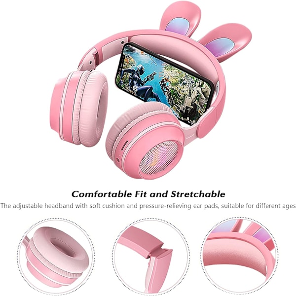 Barnens Bluetooth-headset Portabelt hopfällbart stereoljud trådlöst headset med kaninöron $ Barnens Bluetooth-stereoljud trådlöst headset hopfällbart