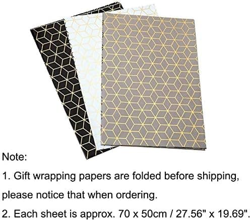 Presentpapper, set om 3 geometriska mönster guldpapper