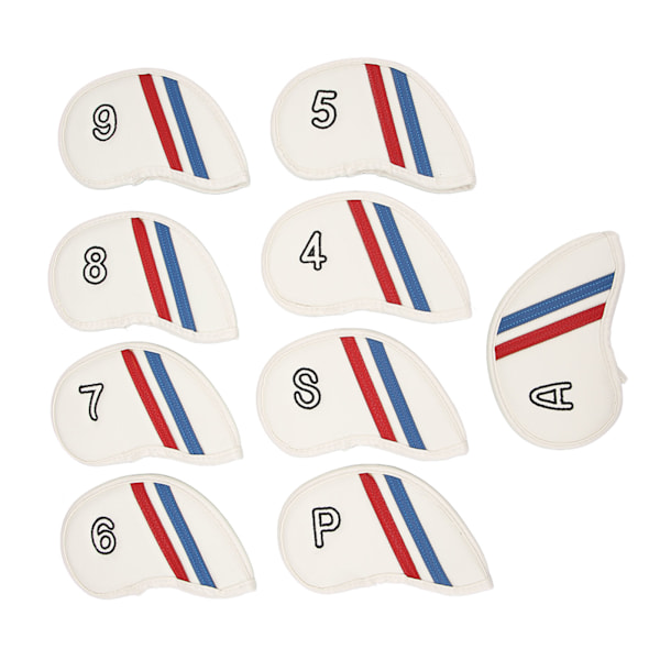 9PCS Golfklubbs Huvudskydd PU Litchi Mönster Dubbel Snedstreck Broderi Kardborreband Stängning Golf Huvudskydd Set för Träning Vit