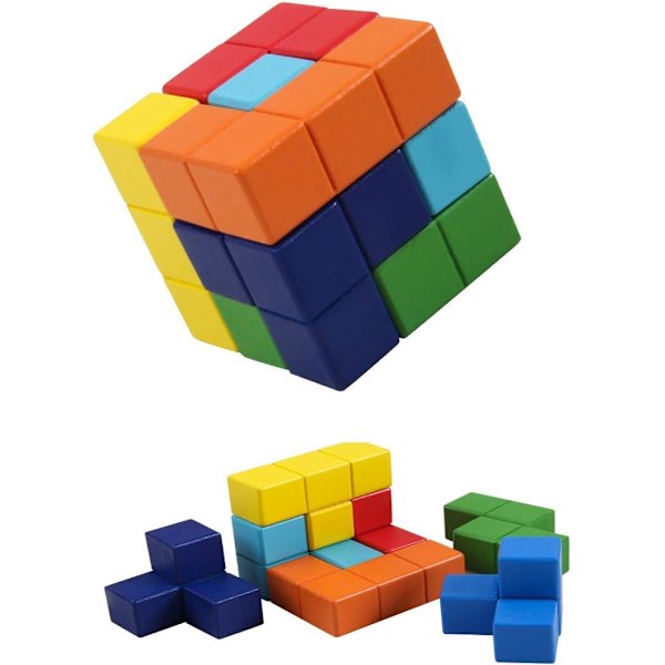 Träpussel, 3D Tetris Tangram-pussel med 7 färgglada kuber Pusselspel för barn vuxna