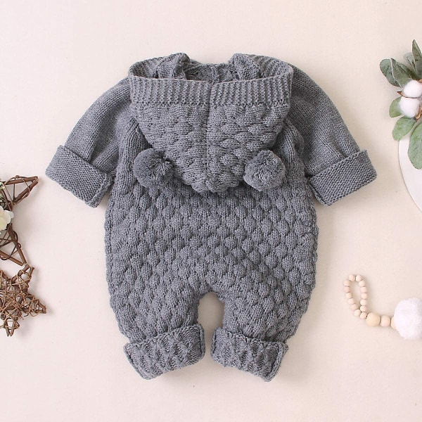 Nyfödd Baby Boy Girl Bear Ear Stickad Romper Jumpsuit Hooded Tröja Outfit Set (6-12 Monate)