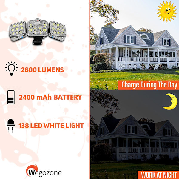 Utomhus LED-strålkastare med 138 LED-solpanel, vitt ljus, effekt 2600 lumen, rörelsesdetektor med 3 lägen. Utomhus solcells-LED-projektor