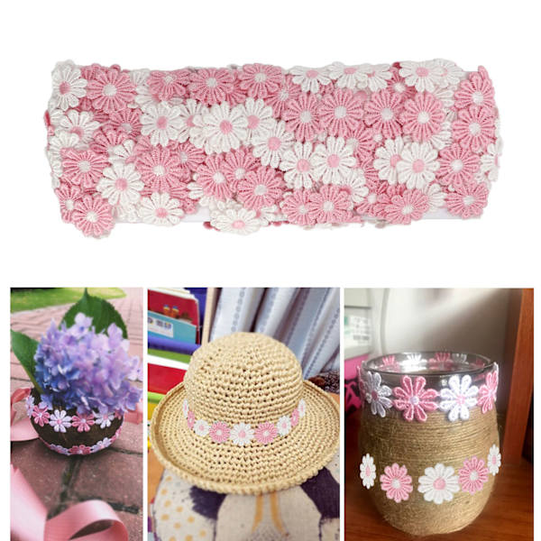 Daisy-lappar 15 meter polyester söta rosa vita blommor bred applikation blomsterlappar för sömnad broderi DIY