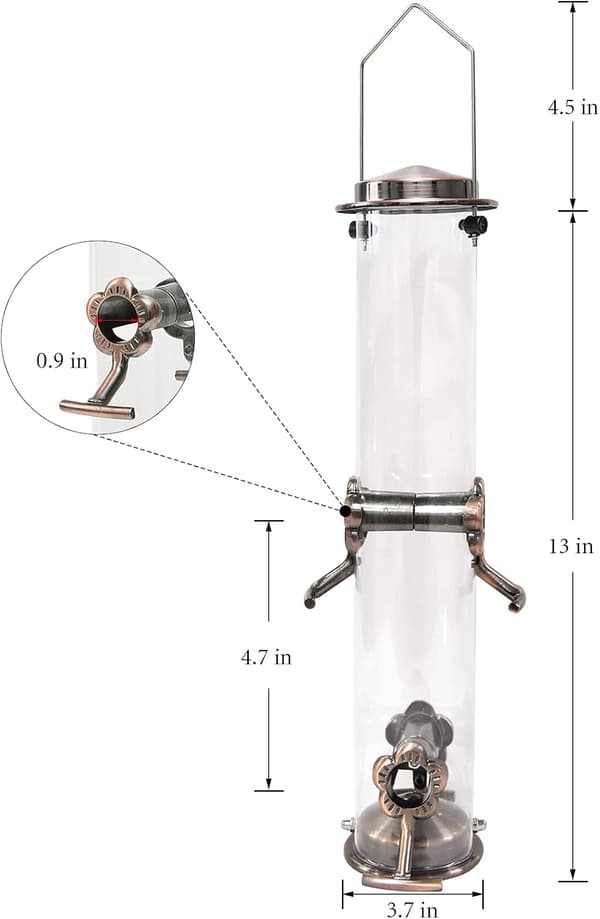 Holdbart fuglefoderhus til udendørsentusiaster, tyggefast metalfoderhus med gennemsigtigt frørum, let ophængning - 33 cm højt, 9,4 cm