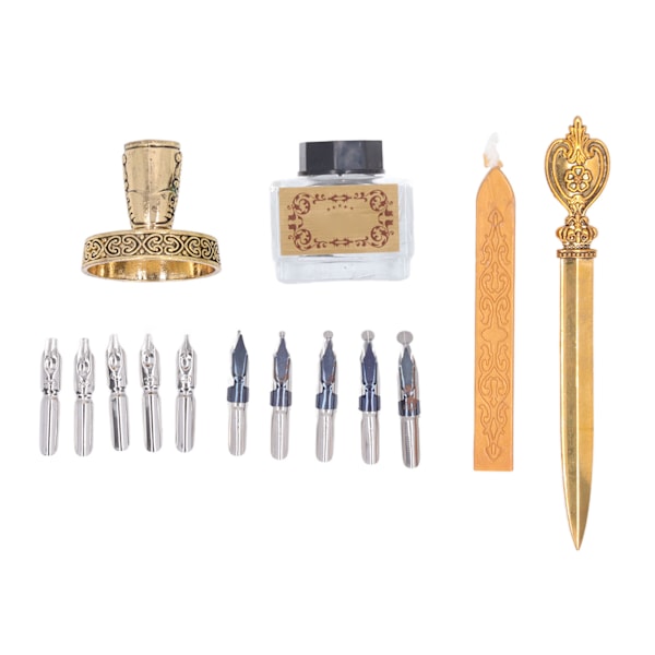 Fjäderpenna set med 10 utbytbara spetsar Eldlack vax Brevöppnare Pennhållare Bläck Tom flaska Retro Quill Pen Set Vit