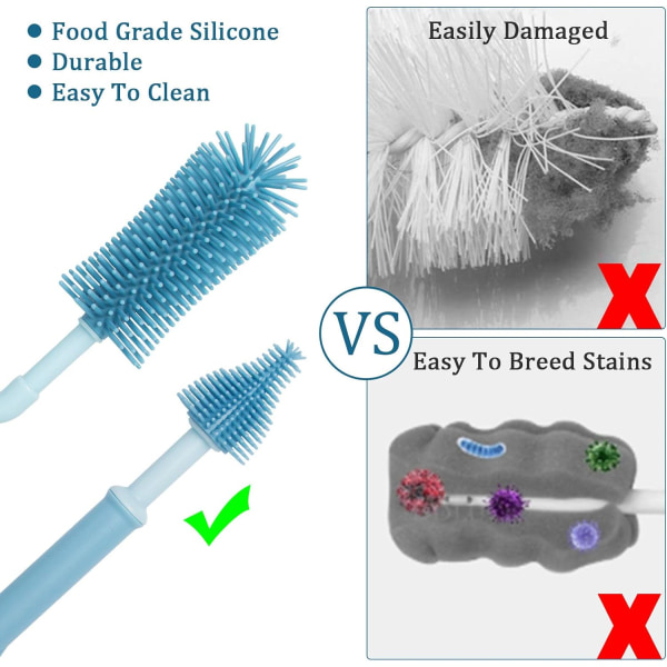 Silikonflaskrengörare, lång flaskrengöringsborste, Mgufrt babyflaskrengöringsborste set - långt handtag 360° roterande flaskrengöringsborste och napp