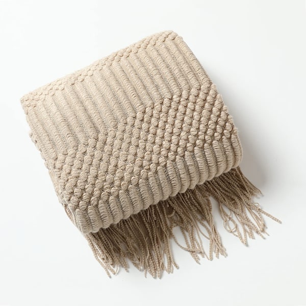 Sängöverkast Boho filt Mjuk stickad filt Vändbar filt Gosig filt Soffa filt Sofffilt Överkast Khaki 130 x 200 cm