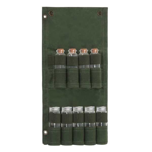 Bärbar kryddpåse 9 hål canvas glas lätt bärbar bekväm handkänsla kryddförvaringsväska för utomhusgrönt set (med 9 flaskor)