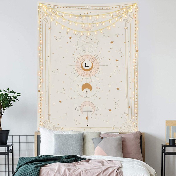 Månefaser Gobeläng Mystisk Konstellation Stjärnhimmel Tarotkort Väggbonad Estetisk Retro Astrologi Väggkonst för Sovrum Vardagsrum Beige