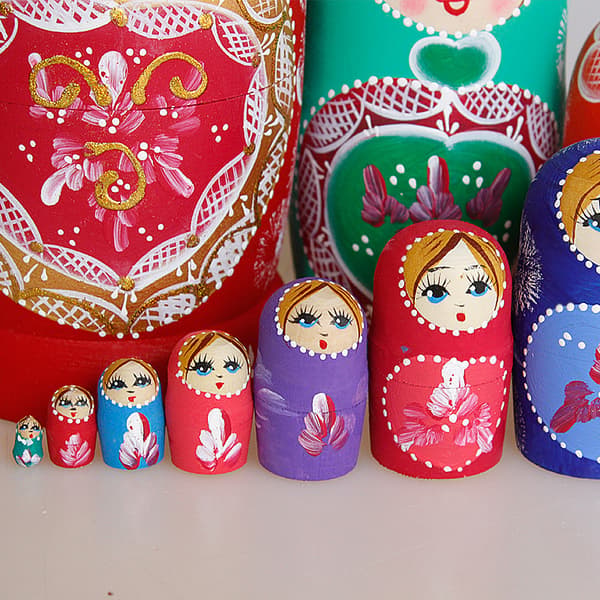 Rysk Matryoshka-docka, 10 delar ryska häckande dockor, trä