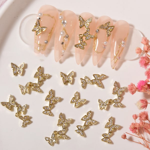 9 st 3D Butterfly Nail Charms Kristaller Diamanter Rhinestones,