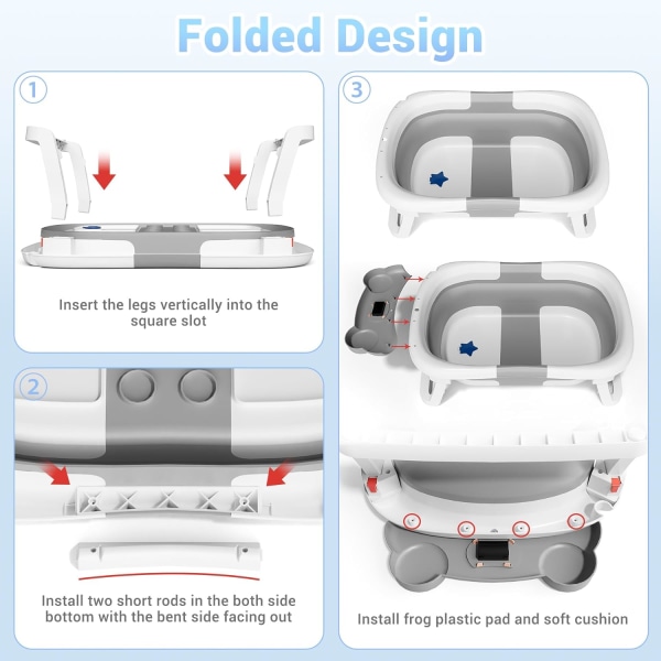 Hopfällbart Babybadkar, Vikbart Badkar för Nyfödda till Småbarn med Mjuk Kudde och Termometer, Portabelt Resebabybadkar, Hållbart Spädbarnsbad