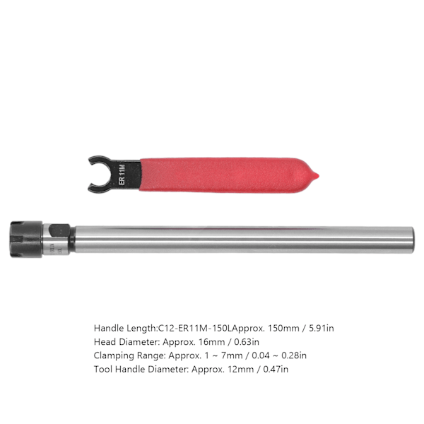 Collet Chuck-hållare Rak Lång CNC Fräsförlängningsstång 1‑7mm Klämning med Nyckel C12‑ER11M‑150L 150mm