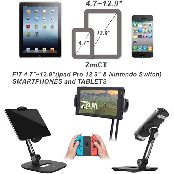 Tablethållare, universell iPad-stativ 360° rotation för iPad Pro Air Mini, Samsung Galaxy Tab, Kindle, smartphones och surfplattor från 4,7 till 12,9 tum -