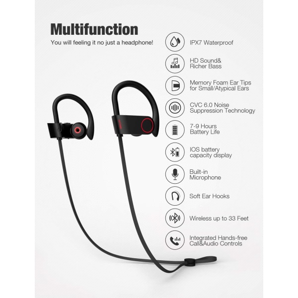 Bluetooth hörlurar, trådlösa hörlurar IPX7 vattentät sport