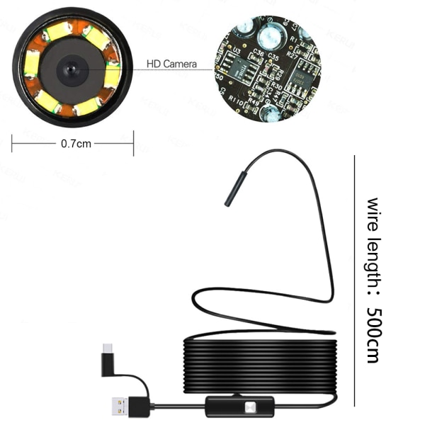 Dual Lens IPS-skärmboreskop, inspektionskamera med flexibel