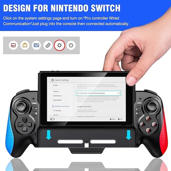 Switch Controller til Nintendo Switch, Genopladelig Plug-in Switch Controller med Ergonomisk Greb og Turbo Funktion, Dobbelt Vibration 6-Akset Bevægelse