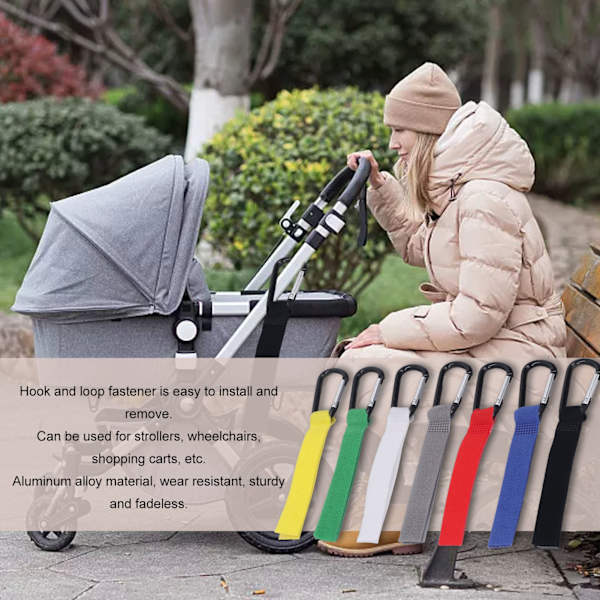 7 st babyvagnskrokar i aluminiumlegering med kardborreband, mångsidig karbinhake