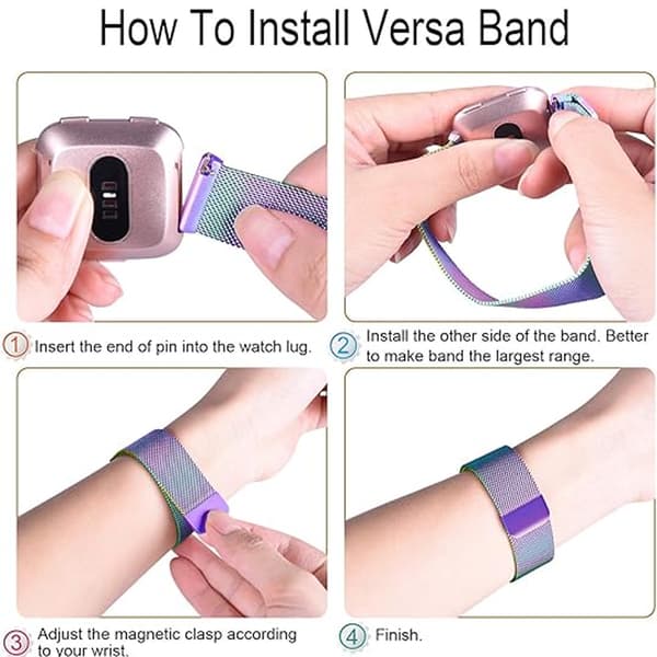 Armband i rostfritt stål för Fitbit Versa 2, stark magnetisk stängning med mesh-loop design, justerbart andningsbart rostfritt stål utbytesarmband