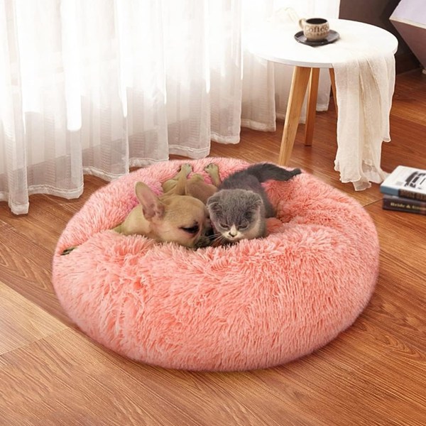 Rund Donut Bed For Hund Katt Plysch Lugnande Bekväm Liggmatta Korg Rosa 60cm