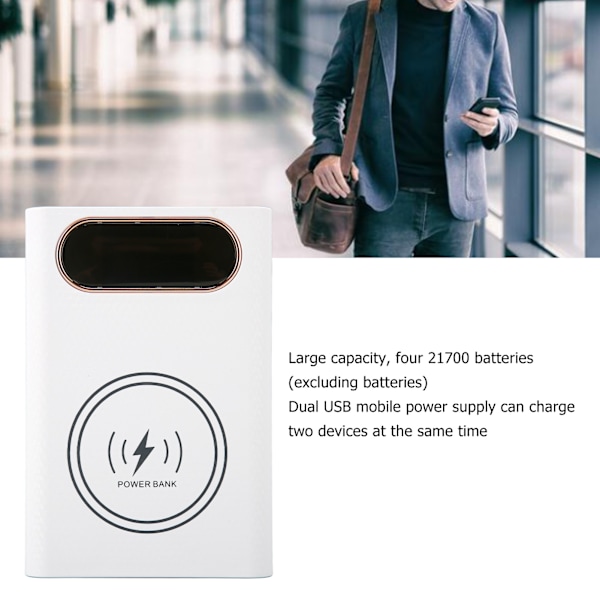 Powerbank-fodral, bärbar laddare för användning på språng, vit, dubbla USB-utgångar, tre ingångsportar, mångsidiga användningsområden, exceptionell kundsupport