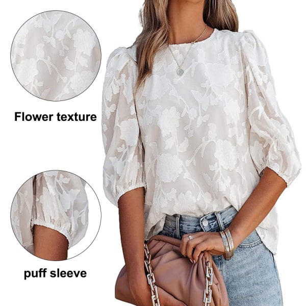 Bubble Sleeve chiffong lös topp Skjorta med blommig textur（vit）