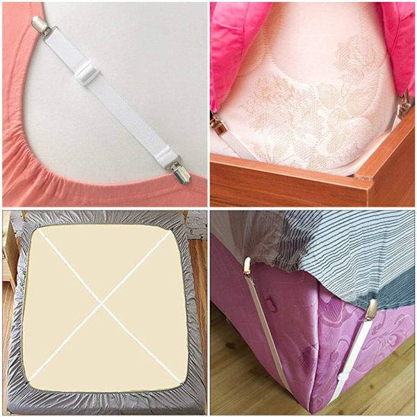 Flexibla Stretchiga Elastiska Lakanhållare, 12 st Vita Justerbara Elastiska Dra-på-lakanband med Metallklämmor för Släta Skrynkelfria Sängkläder, Kraftiga