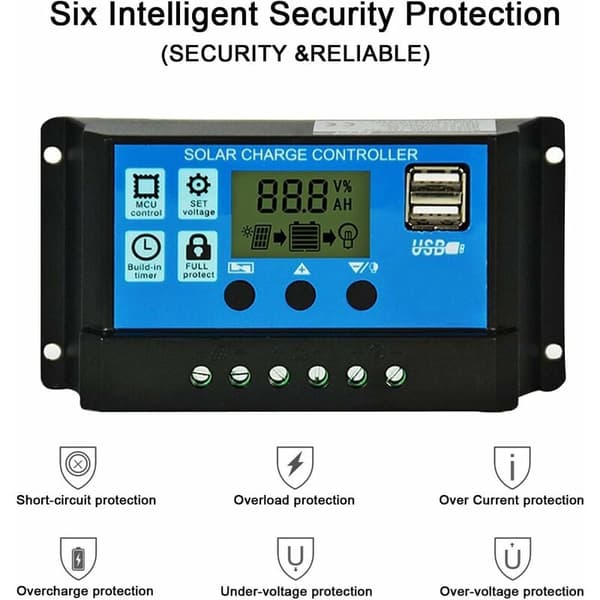 Solar Charge Controller, Justerbart LCD-display til brugerdefinerede strømindstillinger, dobbelt USB-port giver hurtige opladningsmuligheder, automatisk tilpasning