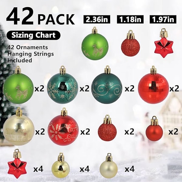44 st Färgglada Julgranskuleprydnader Set, Flerfärgade Julgransprydnader Röd Grön Guld Okrossbara Julgranskulor Dekoration, Plast