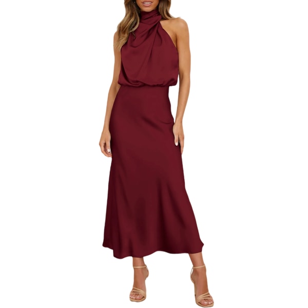 Elegant ärmlös grimma satin sommar bröllopsklänning för kvinnor (M) Dark red XL