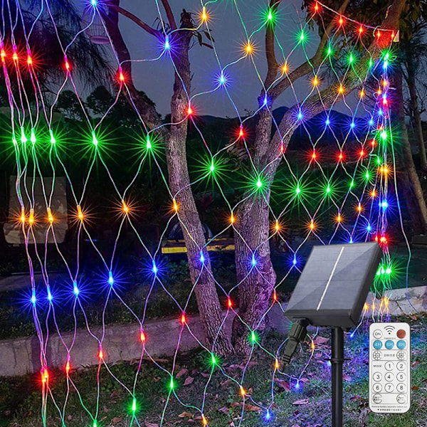 Tdbest Solcellsdriven LED-ljusnät, 1,5 x 1,5 m, 96 LED-slingor, 8 lägen Ljusslinga med minnesfunktion, IP44 Vattentäta lampor inomhus