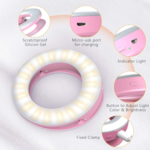 Mini Selfie Ring Light Cirkelklämma på telefon med uppladdningsbart batteri och 36 LED 3 ljuslägen för Smart iPhone Laptop Kamera Video（Rosa）