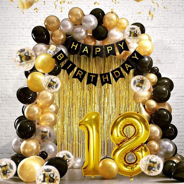 18-års födelsedagsfest ballonger set svart och guld glittrande lätt att installera grattis på födelsedagen banderoll för pojkar och flickor