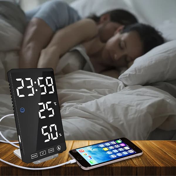 Digital Väckarklocka med Temperaturvisning, Komfortindikator och Manuell Dimning, LED-Display med Touchkontroll och Spegeldesign, Stöder 24/12