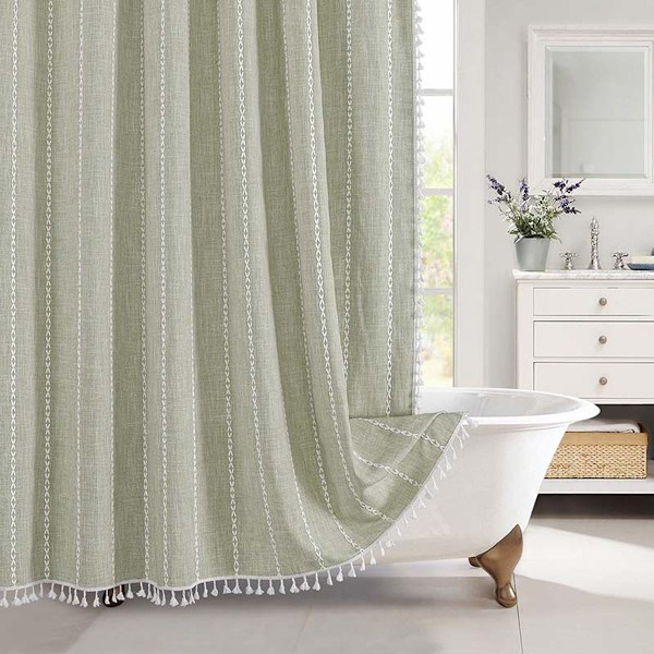 Sage Green Boho Duschdraperi i Lantlig Stil med Rostbeständiga Öljetter, Skrynkelfritt för Elegant Badrumsinredning (36 x 72)