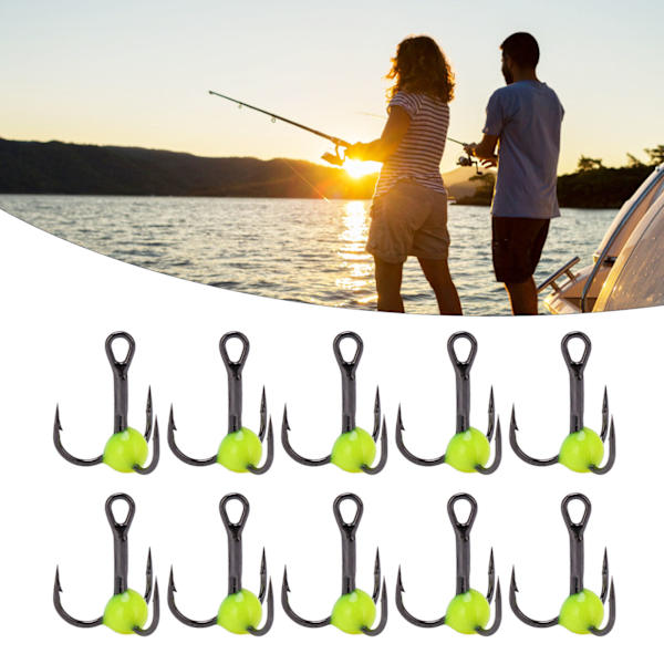10 st trekrokar i högkolstål, storlek 10, skarpa, ljusa färger, fiskekrokset för bas, öring, karp, beten, gula